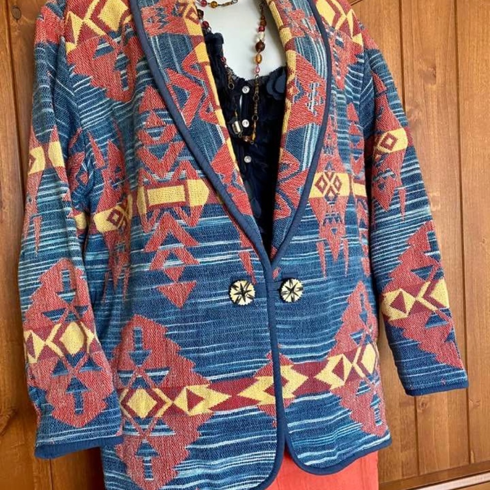 VINTAGE | Rare 80’s Gem Statement Jacket Southwest Aztec SzM 100% Cotton Natural